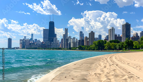 Chicago Skyline and Beach on a Sunny Day.