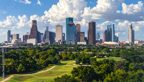Houston Skyline with Lush Green Park and Blue Sky with Clouds.