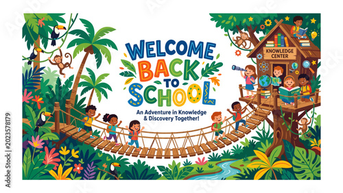 Jungle Adventure Back to School: Children embark on a vibrant jungle adventure, crossing a rope bridge to a treehouse knowledge center, celebrating the exciting return to learning.
