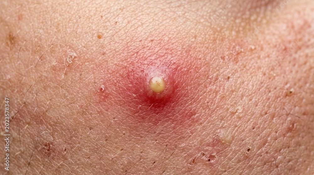 Fototapeta premium A close-up image shows a single, inflamed pimple on a person's skin. The pimple is red and swollen, with a visible white head.