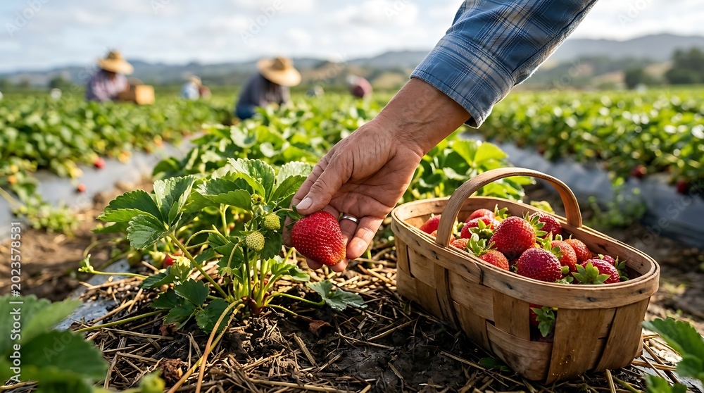 Fototapeta premium Farmer picking ripe strawberries from a field into a basket