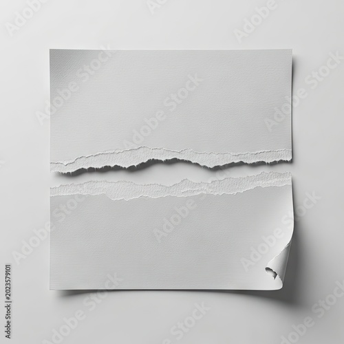 Torn white paper pieces with curled edge on a light background.