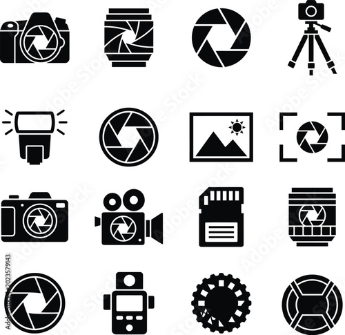 Photography and camera equipment icons set with photography aperture videocam