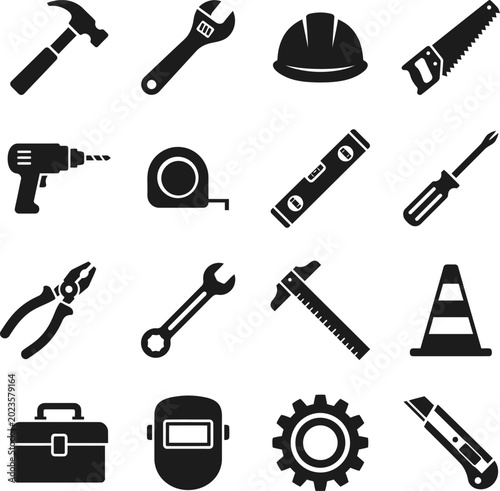 Construction tools and safety gear icons set with hard hat, tape measure