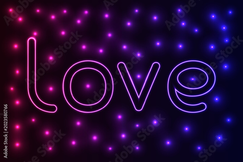 Neon love text with glowing particles