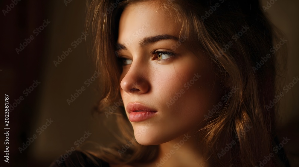 Fototapeta premium A warm and intimate close up portrait emphasizing soft light rich tones and striking contrast