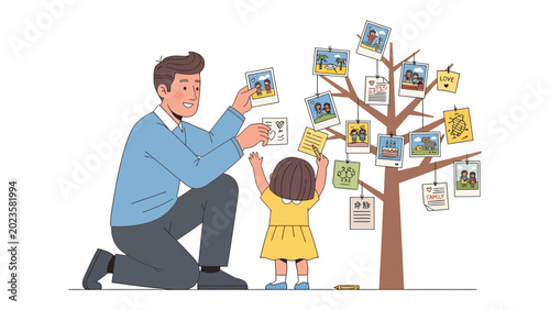 Tableau sur toile Family Memory Tree: A father and his young daughter lovingly arrange photographs on a 'memory tree,' creating a visual tapestry of cherished family moments and shared history