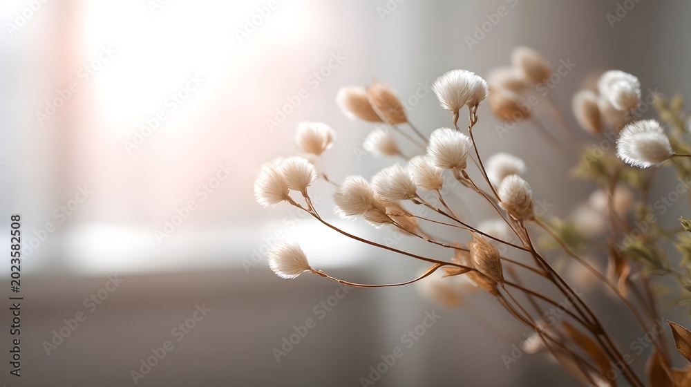 Fototapeta premium Soft golden lit floral elements create a beautiful blurred background texture with gentle warm shadows