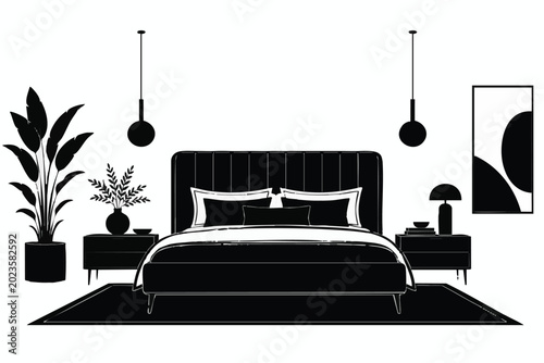Modern bedroom interior, minimalist black and white, vector illustration, home decor elements