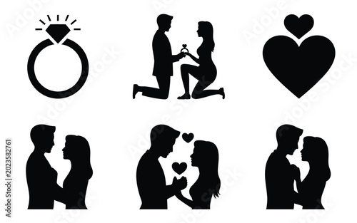 Photos Set of romantic black silhouette icons depicting love and proposal scenes a diam