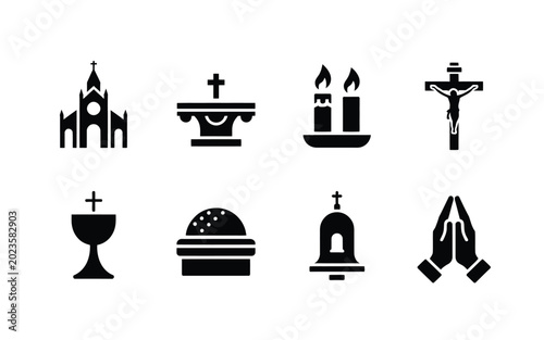 Canvas Print Minimalist black icon set featuring religious symbols candles chalice church cru