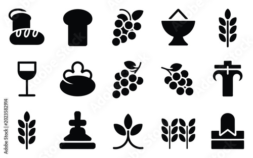 Canvas-taulu Black silhouette icons depicting bread grapes wheat wine and religious symbols f