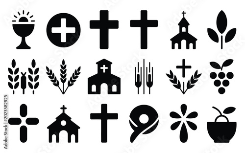 Tableau sur toile Set of 20 corpus christi icons in black including crosses churches wheat grapes
