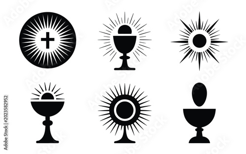 Eucharist icons with chalices and crosses in black on white background for corpus christi and christian symbols