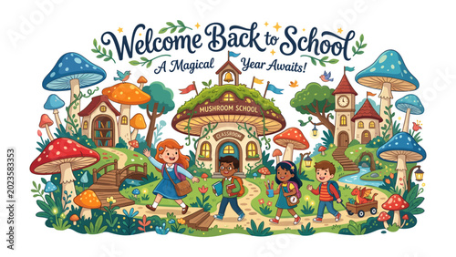 Принти на полотні Magical Mushroom School Welcome: Children joyfully head back to a whimsical schoolhouse nestled among giant, colorful mushrooms, promising a year of enchantment and learning