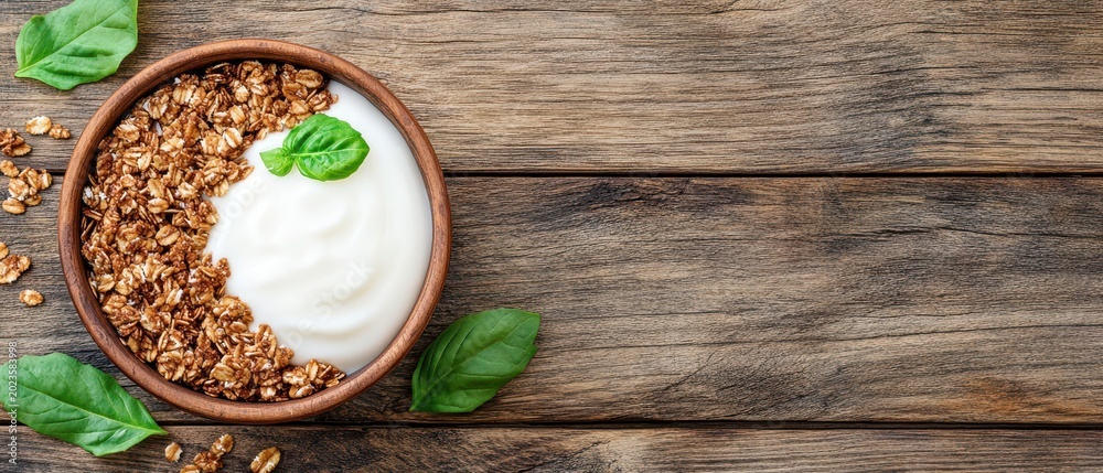 Fototapeta premium Rustic wooden table displays a healthy breakfast bowl filled with creamy yogurt and crunchy granola, garnished with fresh green basil leaves, reflecting a sustainable food concept.