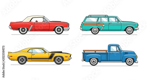 Fotografi Collection of four classic vintage cars and pickup truck vector illustrations