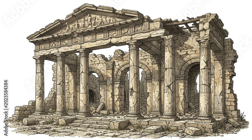 Schilderij op canvas Ancient Roman Temple Ruins Detailed Architectural Illustration.