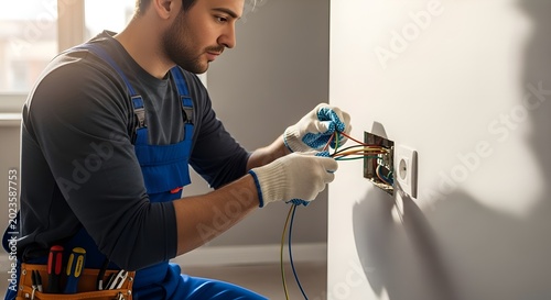 Electrician installing electrical outlet, wiring work on white wall
