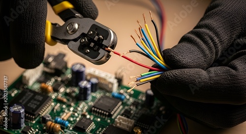 Electrician installing wires: electronic components close-up