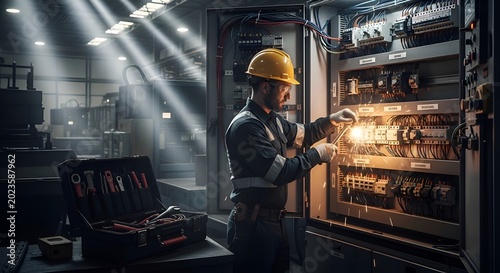 Electrician Repairing Electrical Panel in Industrial Facility