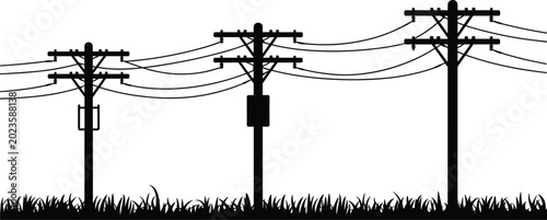 Three black silhouette utility poles with wires and grass on white background Keywords: utility pole, power line, electricity