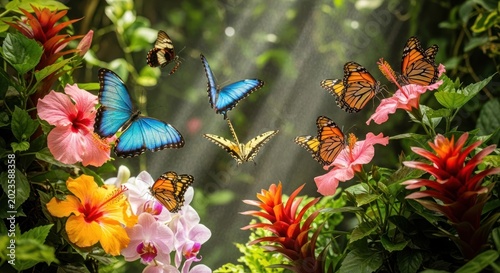 Multiple butterflies flying among tropical flowers in a misty garden.