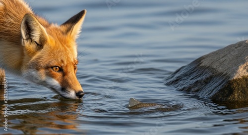 A fox intently watches a fish in the water.