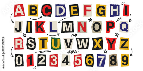 Photos Alphabet and numbers set made from cut out magazine paper letters and digits for
