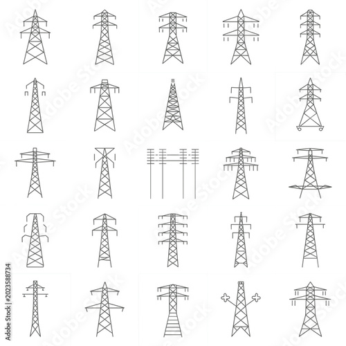 Schilderij op canvas Collection of Outline Icons of High Voltage Electricity Towers and Pylons Keywor
