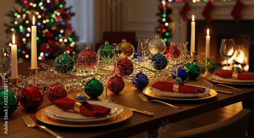 Elegant Christmas dinner table setting with ornaments and candles.