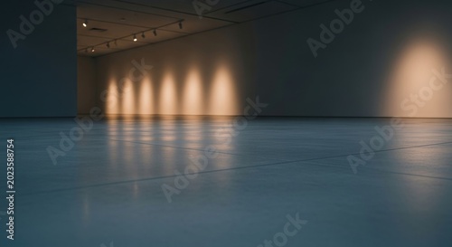 Empty modern art gallery with dramatic lighting and reflections.