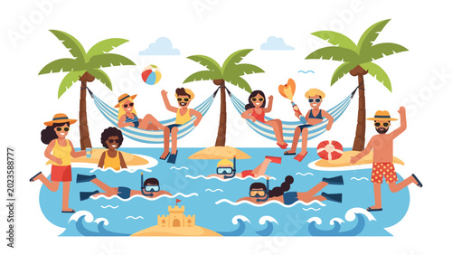 Foto Tropical Paradise Vacation: A vibrant illustration captures a group of diverse people enjoying a blissful tropical vacation, lounging in hammocks, swimming in clear blue water