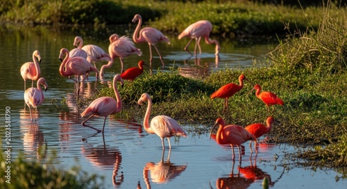 Flock of pink flamingos and scarlet ibises in a wetland at sunset.