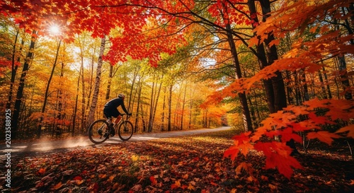 Cyclist enjoys a scenic ride through a vibrant autumn forest.