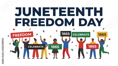 Schilderij op canvas Juneteenth Freedom Day Celebration: A vibrant depiction of a diverse group celebrating Juneteenth, also known as Freedom Day, with signs proclaiming Freedom, Celebrate, and 1865