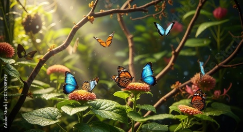 Butterflies gracefully flying among flowers in a vibrant garden.