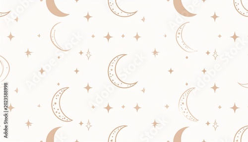 Seamless Pattern with Crescent Moons and Stars on White Background.