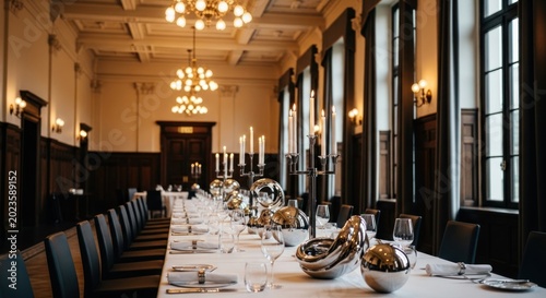 Elegant long dining table set for a luxurious banquet in a grand hall