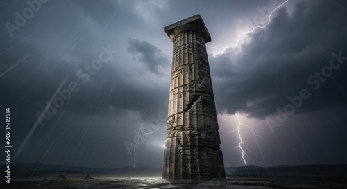 Ancient column standing strong amidst a dramatic lightning storm and heavy rain.