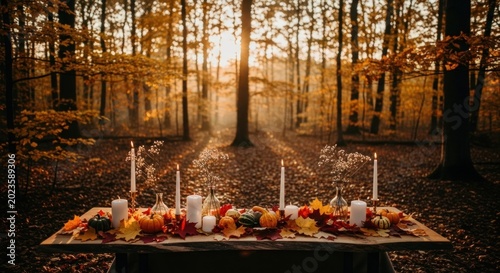 Autumnal table decorated with pumpkins and candles in a serene golden forest.