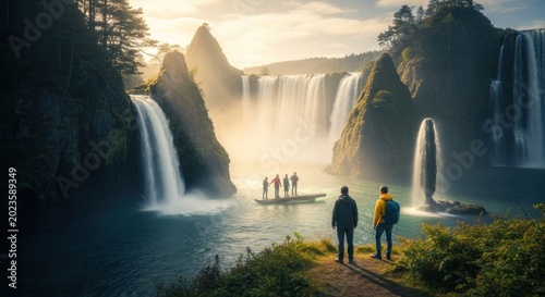 Tourists admire the majestic waterfalls and golden hour light in a stunning natural landscape.