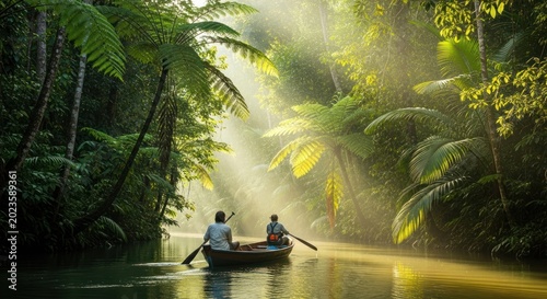 Canoeing Through a Tropical Rainforest River with Golden Sunlight