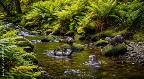 Playful river otters in a lush green forest stream