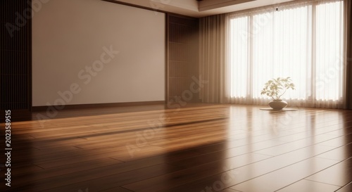 Bright and serene Japanese style room with warm natural light and wooden floor.