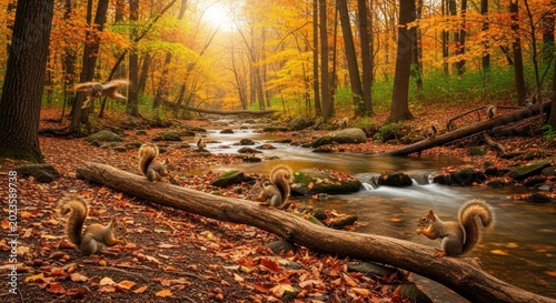 Vibrant autumn forest scene with playful squirrels by a flowing stream.