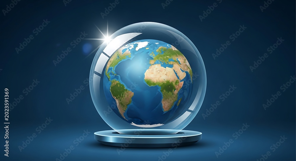 Fototapeta premium Earth Globe Encapsulated in a Transparent Glass Sphere on a Reflective Pedestal.