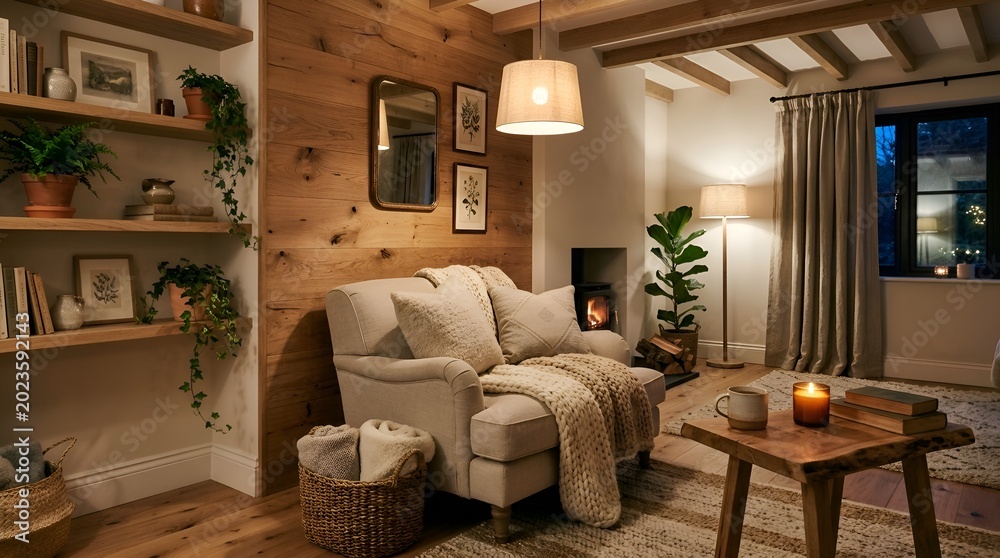Fototapeta premium Cozy living room interior with fireplace and natural decor