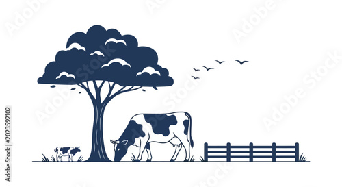 Black and white cow grazing peacefully.
