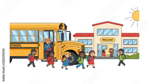 Bild auf Leinwand Back to School Excitement: Children are disembarking from a yellow school bus in front of a building that says Welcome and School